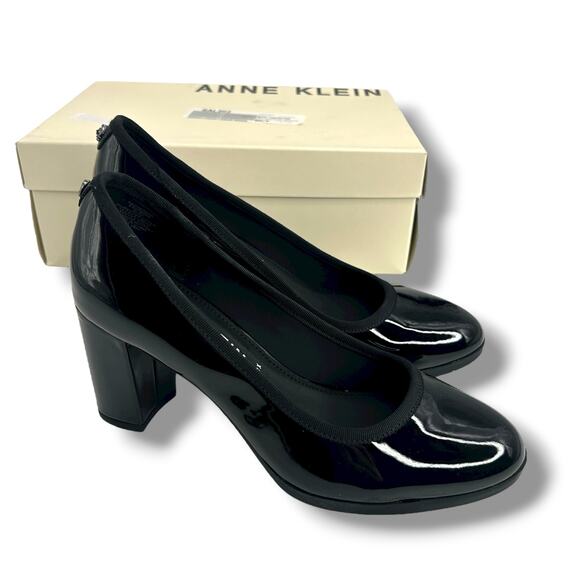 Anne Klein Castana Round Toe Block Heel Pumps Size 8 Black Patent Leather Heels - Picture 1 of 10